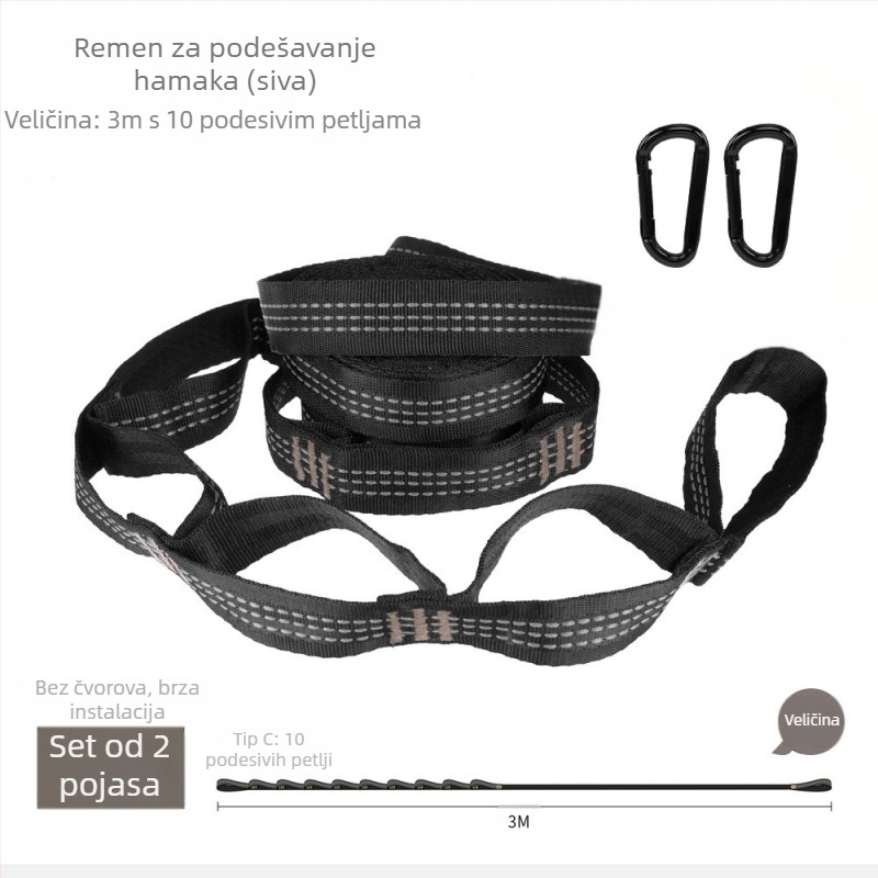 Remen za hamak - podesiv, brza montaža, visoko izdržljiv poliester, uključuje 2 kopče, prenosiv