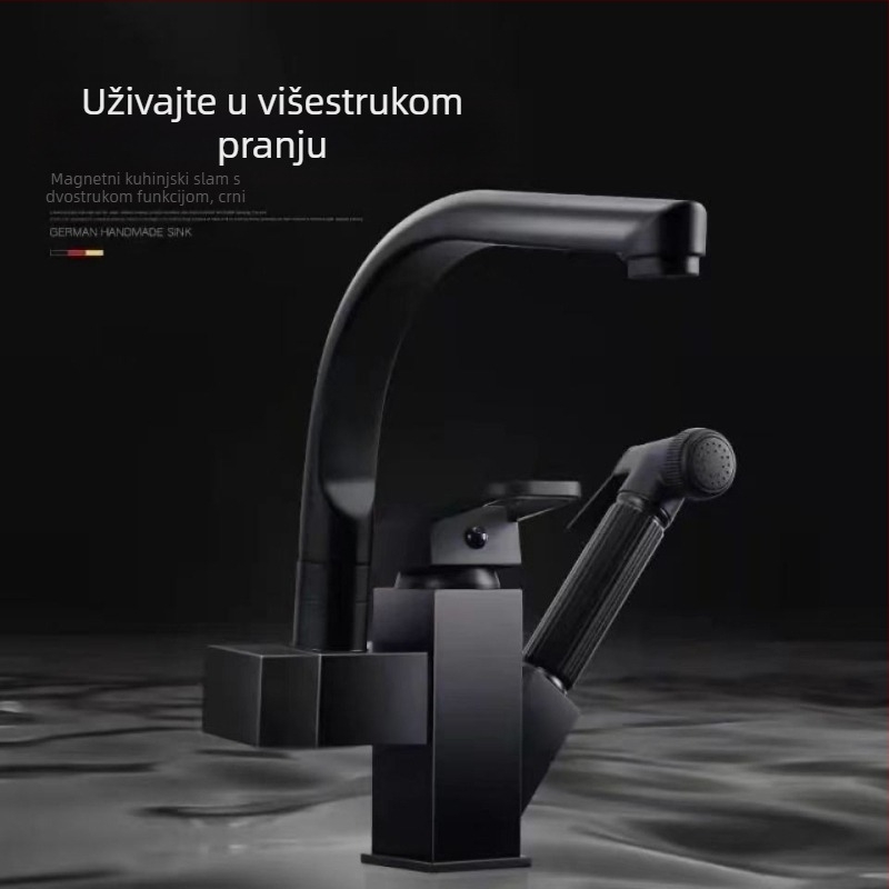 Kuhinjski miješ mix s izvučnim izlazom za vruću i hladnu vodu, od nehrđajućeg čelika, keramički kartridž ventil, ugradnja na ploču, promjer sjedišta 35 mm