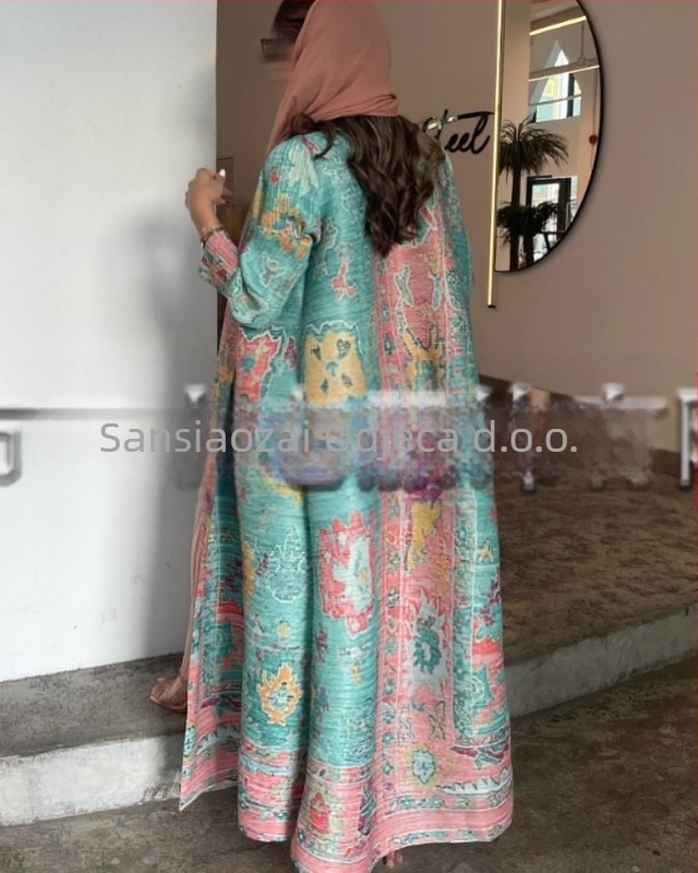 Plisirana abaja za žene s tiskanim uzorkom, slobodan kroj, produžena duljina, poliester, duge rukave