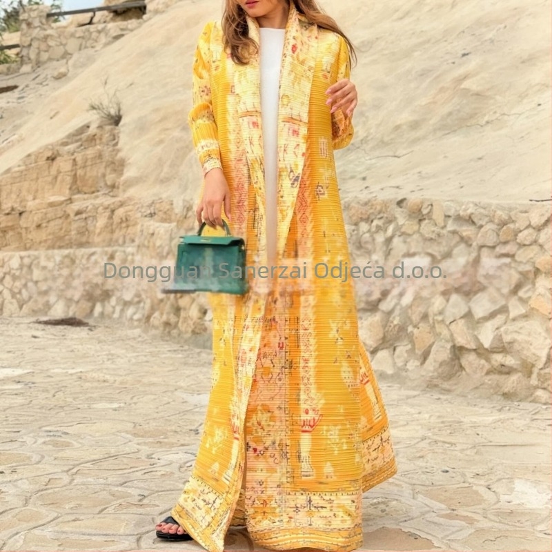 Plisirana abaja za žene s tiskanim uzorkom, slobodan kroj, produžena duljina, poliester, duge rukave