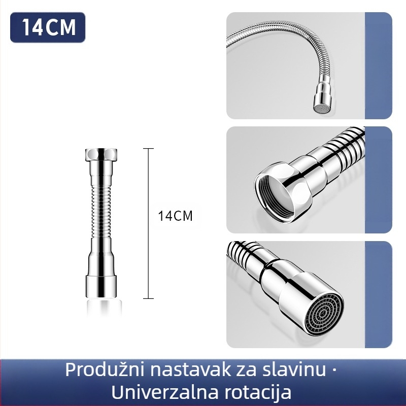 Proširivač izlije slavine s zaštitom od prskanja – 360° okret, nehrđajući čelik, keramički disk ventila (Model Aerator; za kuhinjsku slavinu; jednostavna konstrukcija)