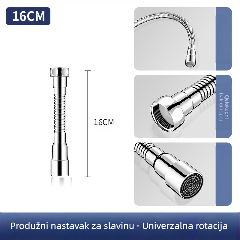 Proširivač izlije slavine s zaštitom od prskanja – 360° okret, nehrđajući čelik, keramički disk ventila (Model Aerator; za kuhinjsku slavinu; jednostavna konstrukcija)