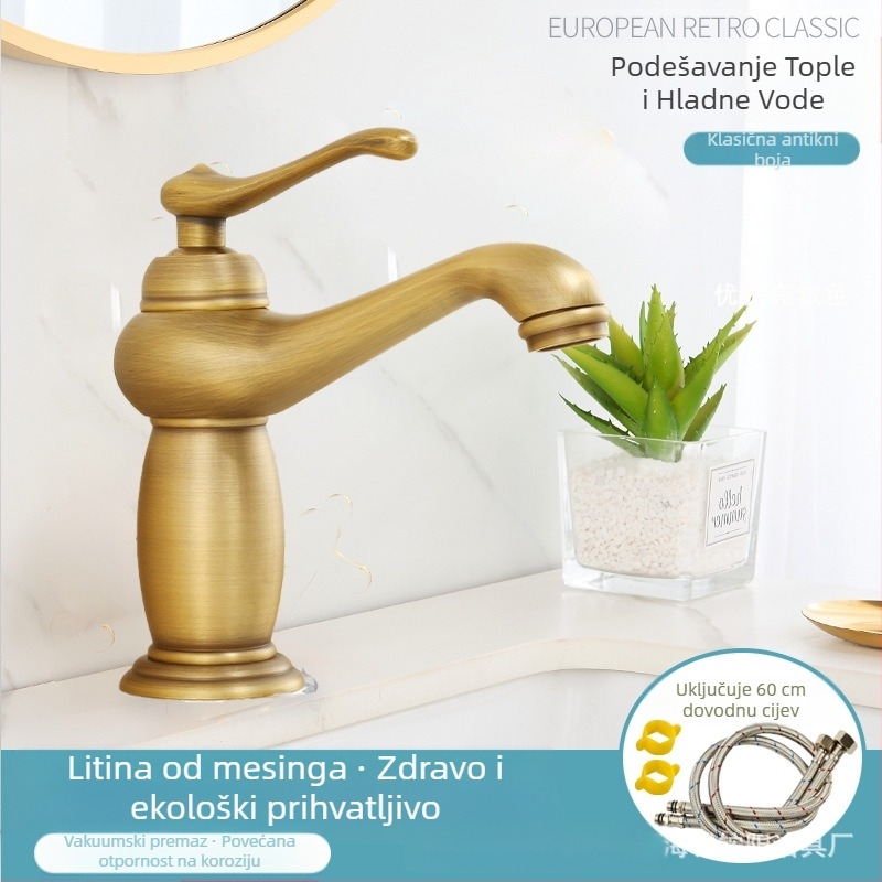 Slavina za umivaonik europskog stila, bakreno tijelo, keramički ventil, 8 mm ulaz/izlaz, podizno-aktiviran mehanizam