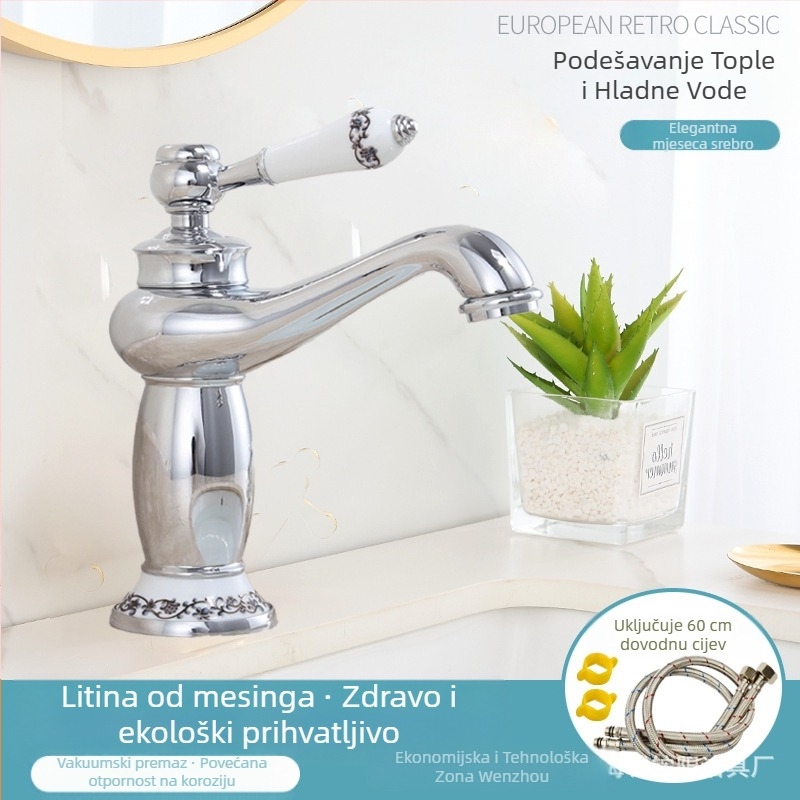 Slavina za umivaonik europskog stila, bakreno tijelo, keramički ventil, 8 mm ulaz/izlaz, podizno-aktiviran mehanizam