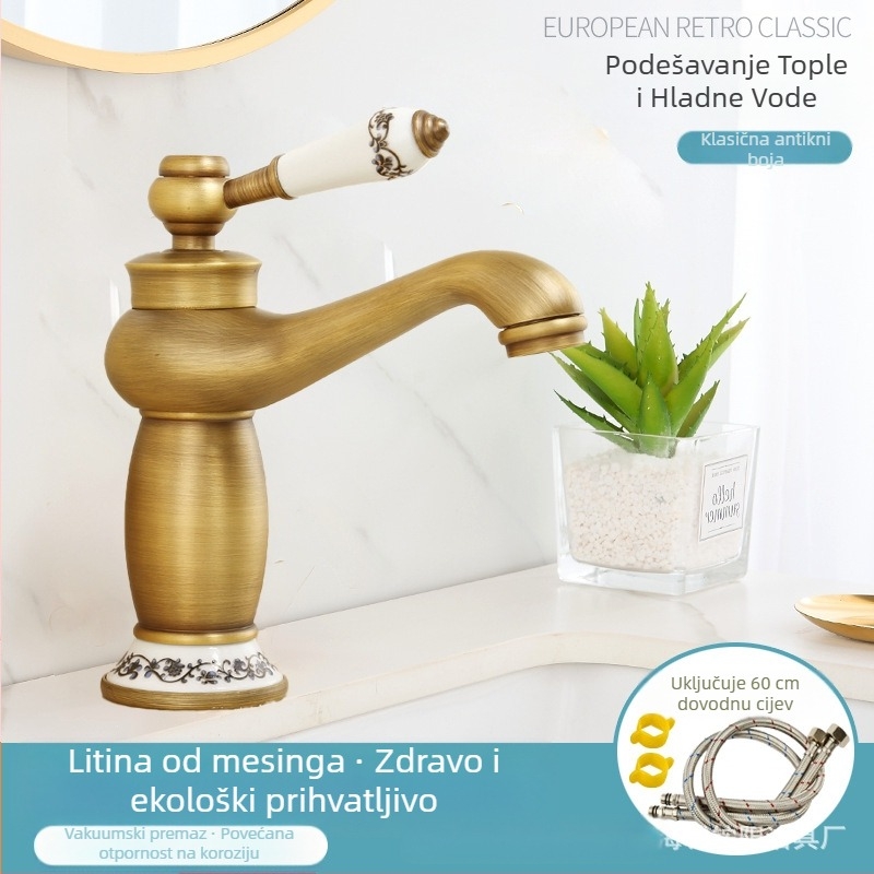 Slavina za umivaonik europskog stila, bakreno tijelo, keramički ventil, 8 mm ulaz/izlaz, podizno-aktiviran mehanizam