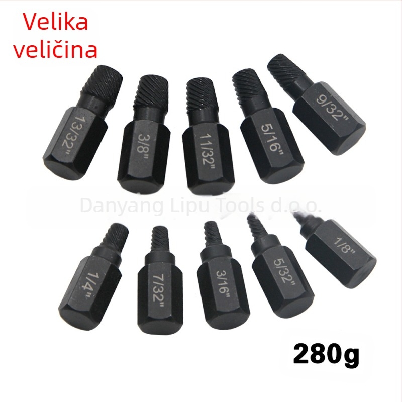 Set ekstraktora za odvrtanje svrdla za slomljene glave vijaka, britanski standard, višestruki uzorak, čelik 40Cr-V