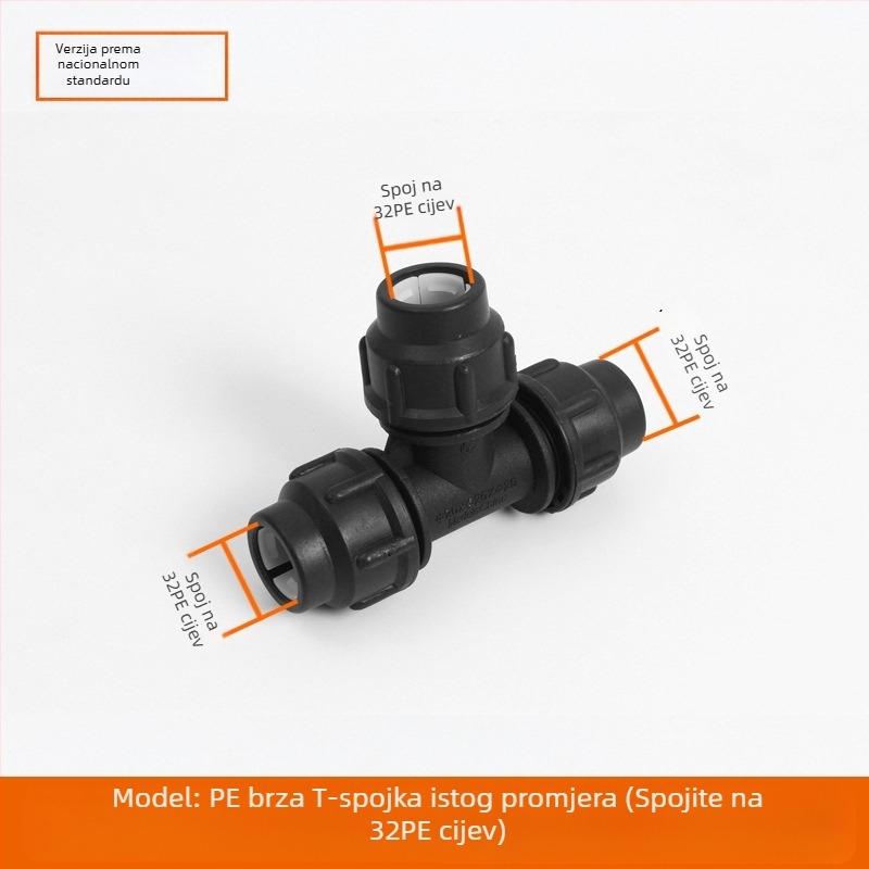 PE cijevni fitinzi s brzim spojem, T spoj, zavoj, spoj i ventil; materijal PE; debljina zida 3.0 mm; klasa 80