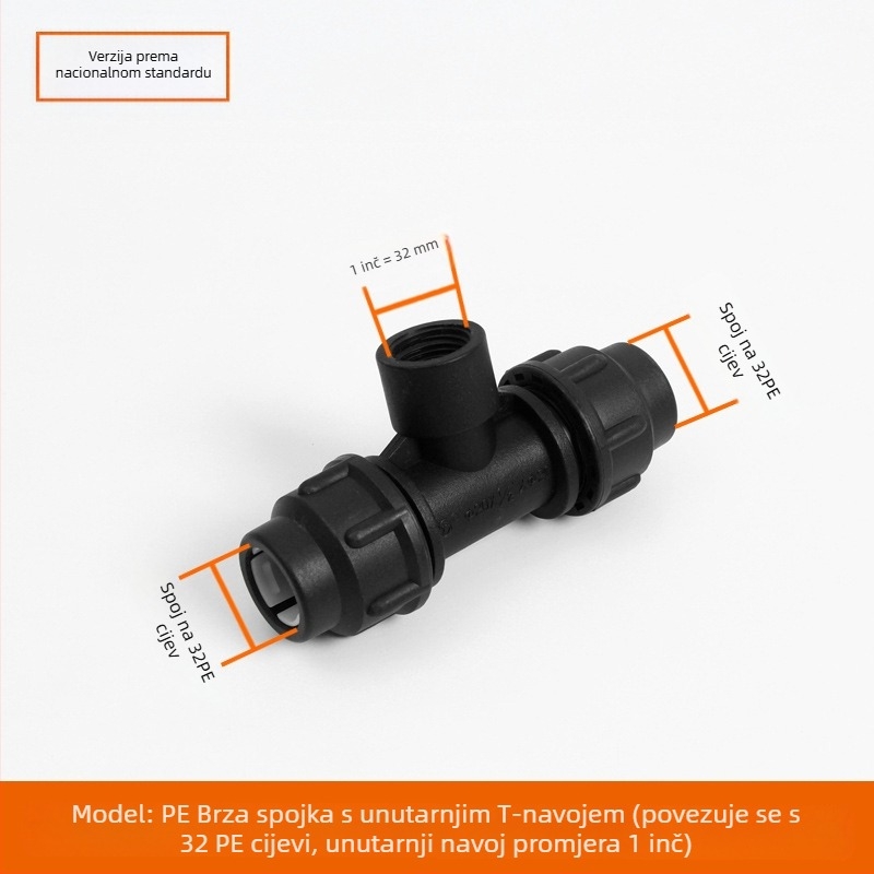 PE cijevni fitinzi s brzim spojem, T spoj, zavoj, spoj i ventil; materijal PE; debljina zida 3.0 mm; klasa 80