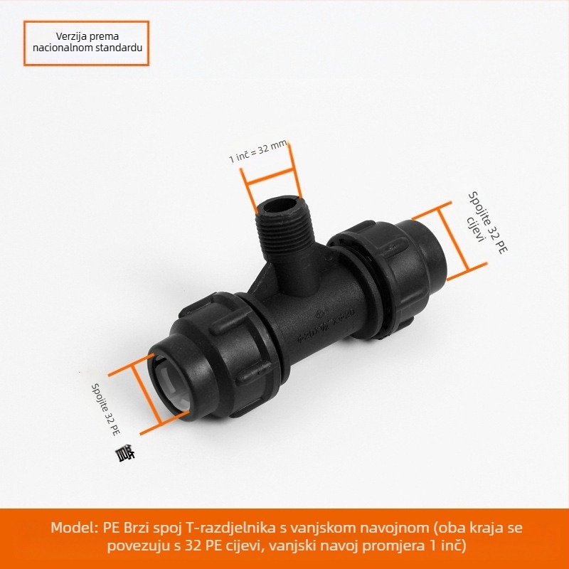 PE cijevni fitinzi s brzim spojem, T spoj, zavoj, spoj i ventil; materijal PE; debljina zida 3.0 mm; klasa 80