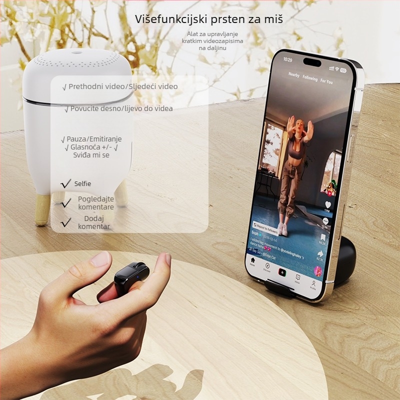Bežični Bluetooth prsten uređaj za telefon – selfie, prebacivanje stranica, lajkovi i komentari; 2.4G/BT, doseg 10 m, Type-C, ABS, model D06, kompatibilan s Android, Apple, Microsoft