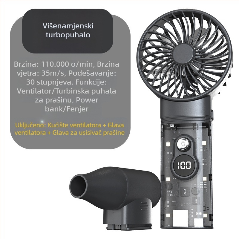 Ručni turbinski ventilator s motorom bez četkica, ugrađena baterija 4000 mAh, neprekidna regulacija brzine, buka 37–45 dB, trajanje baterije 1–3 sata