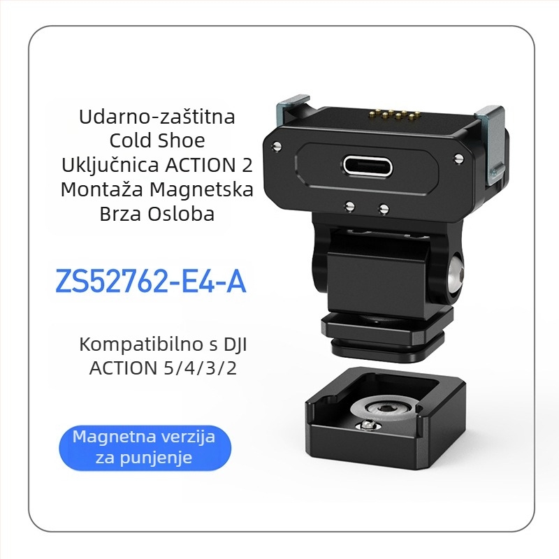 Magnetski brzi otpuštajući držač za sportsku kameru, kompatibilan s DJI Action 5 Pro/4/3/2, aluminijska legura, s slotom za cold shoe
