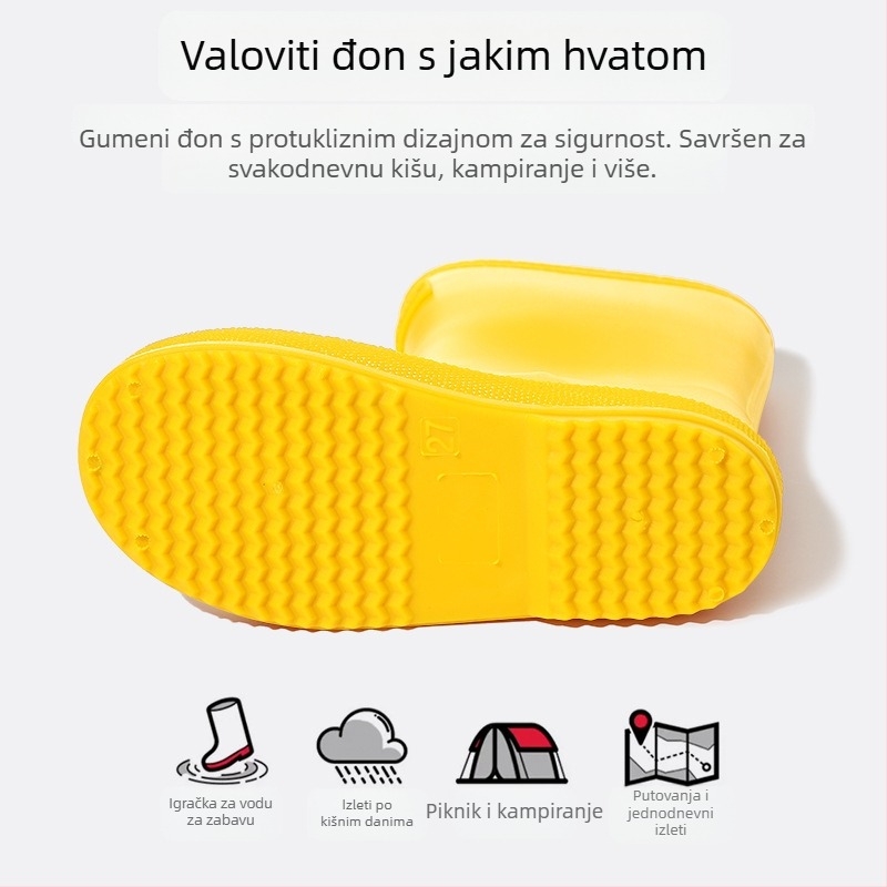 Dječje kišne čizme PVC vodonepropusne, protuklizne, mekane potplata, niski pet 1–3 cm