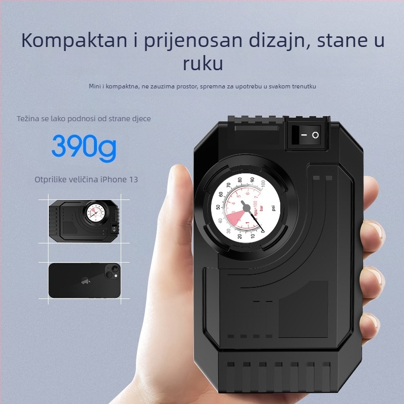 Električna mini pumpa za auto gume s noćnim osvjetljenjem, 12V, 80W, 25 L/min, napajanje baterijom, 3 m kabel