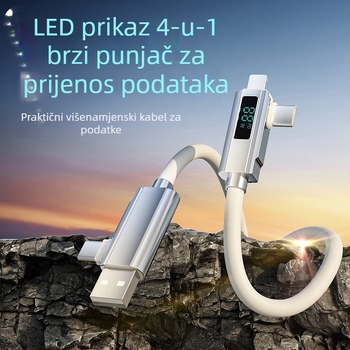 Kabel s digitalnim prikazom 4 u 1 za brzo punjenje PD27W, cinkova legura + silikon, konektori Lightning, Micro USB i USB-C