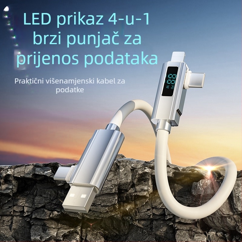 Kabel s digitalnim prikazom 4 u 1 za brzo punjenje PD27W, cinkova legura + silikon, konektori Lightning, Micro USB i USB-C