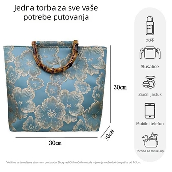 Tote torba od platna s bambusnim držačem, šivana u nacionalnom stilu i zatvaračem na zip