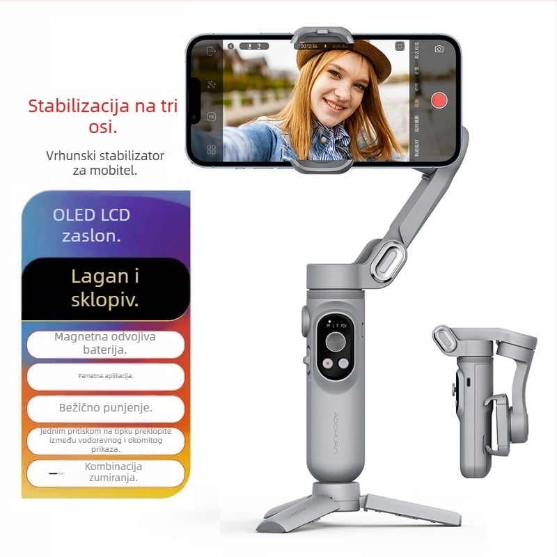 Okawa stabilizator za pametni telefon s tri osi i otkrivanjem lica, ručni gimbal za mobilne video; kompatibilni telefoni širine do 88 mm i težine do 280 g; težina uređaja 295 g; ručna montaža; izdano 2022; 1-godišnje jamstvo.