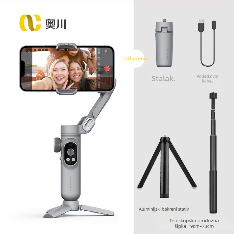 Okawa stabilizator za pametni telefon s tri osi i otkrivanjem lica, ručni gimbal za mobilne video; kompatibilni telefoni širine do 88 mm i težine do 280 g; težina uređaja 295 g; ručna montaža; izdano 2022; 1-godišnje jamstvo.