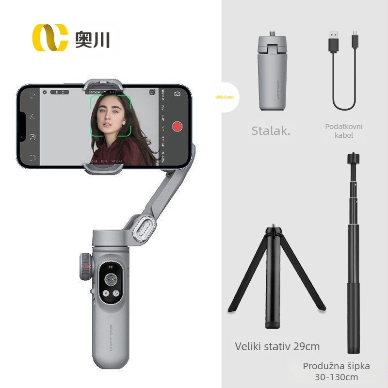 Okawa stabilizator za pametni telefon s tri osi i otkrivanjem lica, ručni gimbal za mobilne video; kompatibilni telefoni širine do 88 mm i težine do 280 g; težina uređaja 295 g; ručna montaža; izdano 2022; 1-godišnje jamstvo.