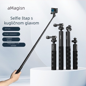 Proširena selfie palica s kugličnom glavom za sportske kamere – aluminijska legura + nehrđajući čelik; kompatibilno s Insta360, DJI, GoPro; marka Amagisn Amy
