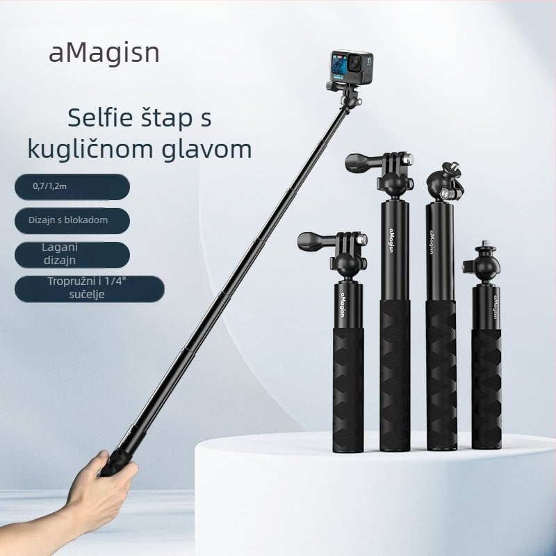 Proširena selfie palica s kugličnom glavom za sportske kamere – aluminijska legura + nehrđajući čelik; kompatibilno s Insta360, DJI, GoPro; marka Amagisn Amy