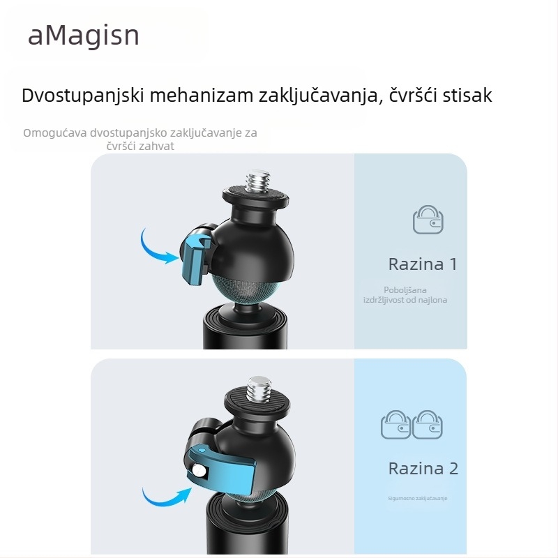 Proširena selfie palica s kugličnom glavom za sportske kamere – aluminijska legura + nehrđajući čelik; kompatibilno s Insta360, DJI, GoPro; marka Amagisn Amy