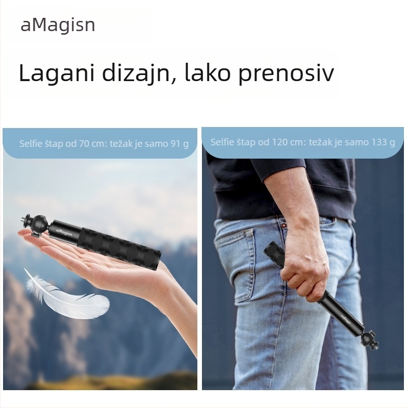 Proširena selfie palica s kugličnom glavom za sportske kamere – aluminijska legura + nehrđajući čelik; kompatibilno s Insta360, DJI, GoPro; marka Amagisn Amy