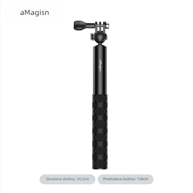 Proširena selfie palica s kugličnom glavom za sportske kamere – aluminijska legura + nehrđajući čelik; kompatibilno s Insta360, DJI, GoPro; marka Amagisn Amy