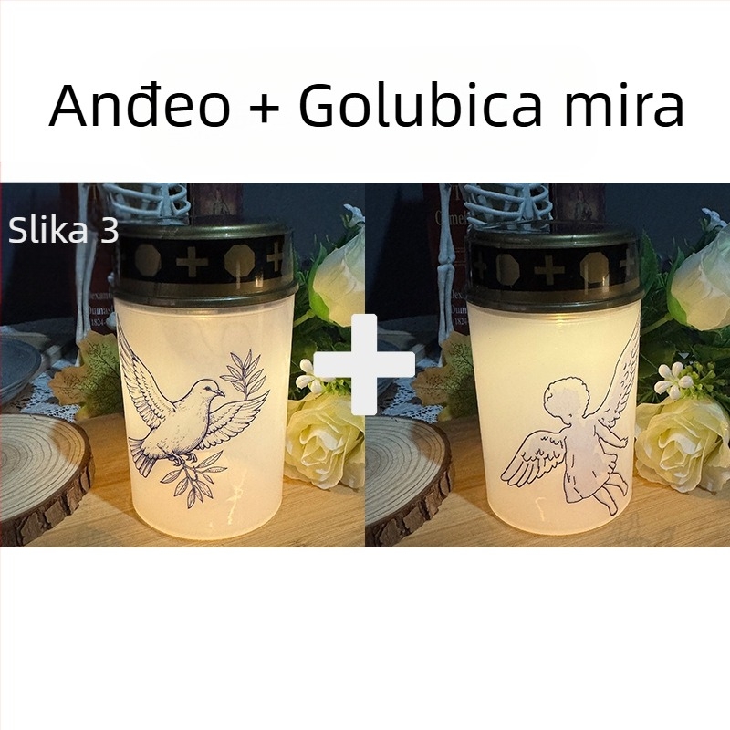 Električna crkvena svijeća sa golubom mira, maslačakom i malim anđelom — Uskrsni križ, molitva, grobna lampica