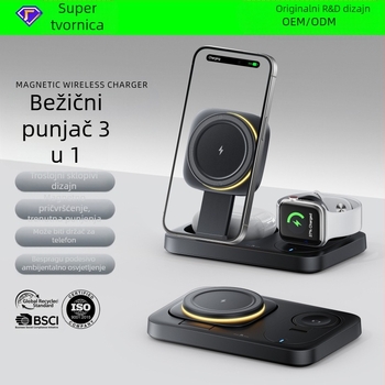 3-u-1 Bežično punjenje s magnetnim sklopivim držačem za iPhone – do 15W, QC3.0