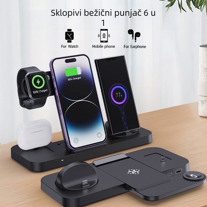 Vineeds Šest u jednome sklopivi bežični punjač – 15W QC brzo punjenje, Sklopivi Qi punjač, Bez magnetskog punjenja