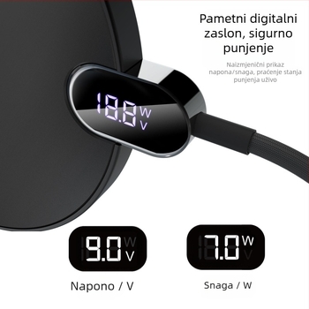 Bežični punjač s digitalnim zaslonom, 15W PD brzo punjenje, 1,2 m pleteni kabel, kompatibilan s Apple i Android bežičnim punjenjem