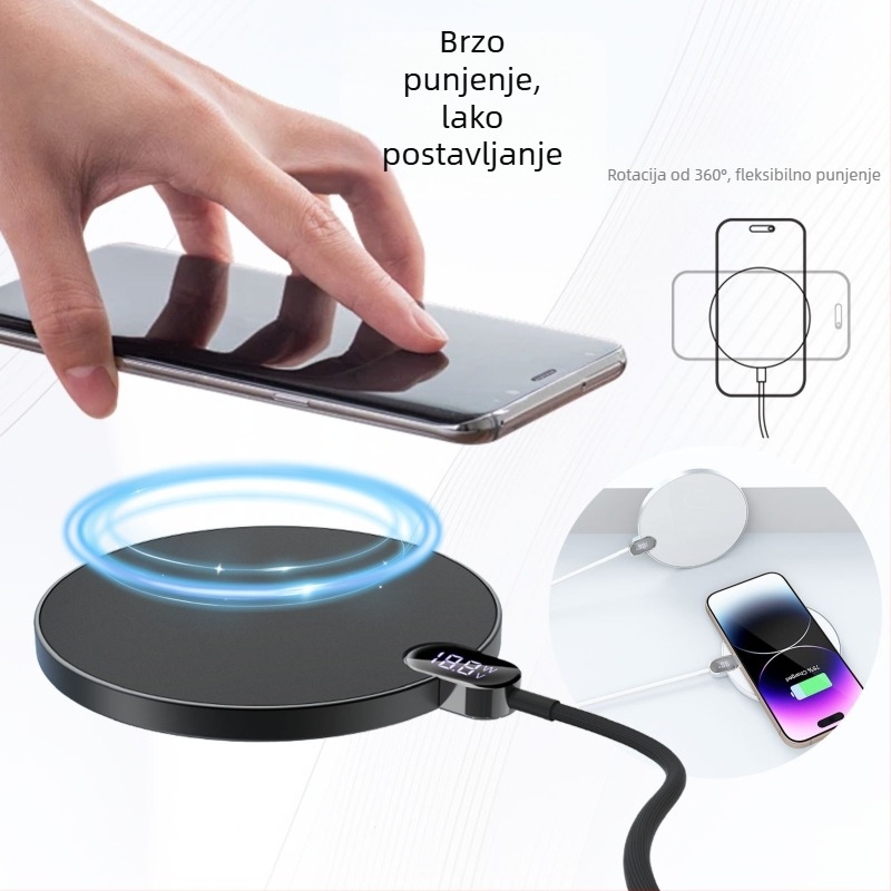 Bežični punjač s digitalnim zaslonom, 15W PD brzo punjenje, 1,2 m pleteni kabel, kompatibilan s Apple i Android bežičnim punjenjem