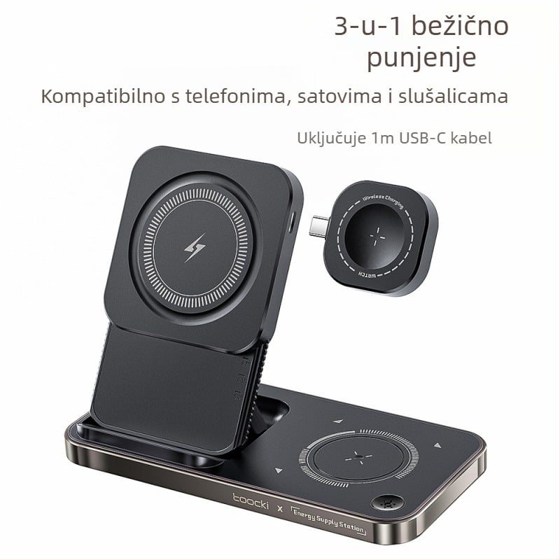 Toocki 3-u-1 stolni bežični punjač, 15W, s magnetskim punjenjem, za Bluetooth slušalice i seriju iPhone 15