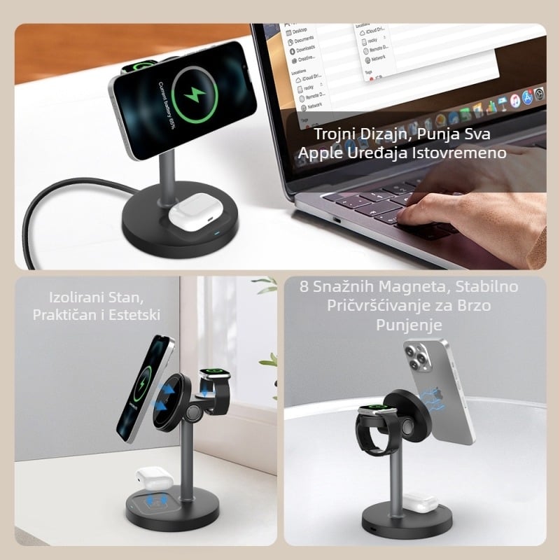 Menoway Bežični punjač 15W, 3-u-1 Držač za Apple iPhone, QC3.0, CE/ROHS, Izlaz 3A