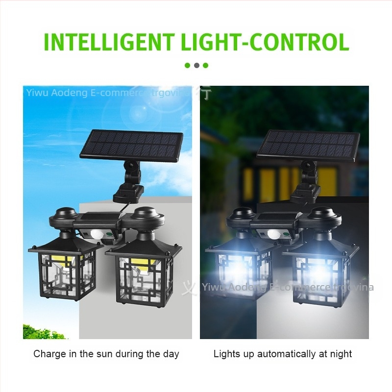 Solarna zemlja lampa s dvostrukom glavom, retro dizajn, senzor pokreta, daljinsko upravljanje, IP65, COB/LED