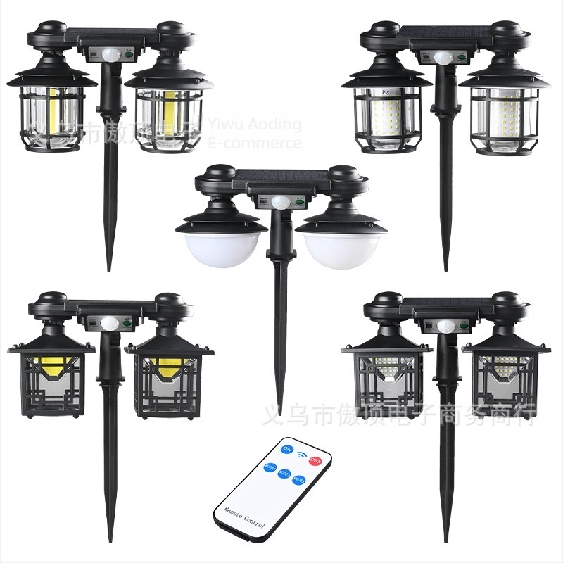 Solarna zemlja lampa s dvostrukom glavom, retro dizajn, senzor pokreta, daljinsko upravljanje, IP65, COB/LED