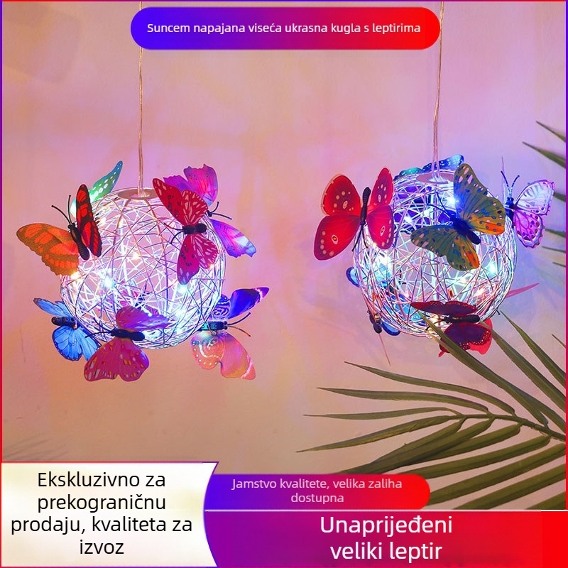 LED solarna viseća lampa za stablo s kuglom i dizajnom leptira od aluminijske žice, za vanjsku baštu; IP65, LED izvor, 1W, 6–12h, vijek trajanja 50.000h
