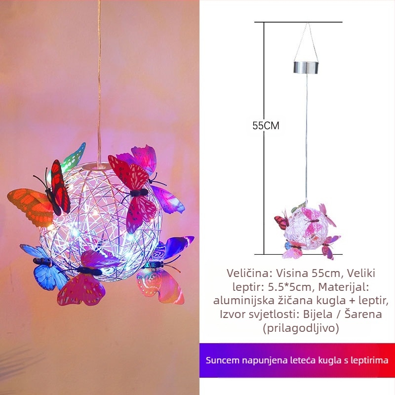 LED solarna viseća lampa za stablo s kuglom i dizajnom leptira od aluminijske žice, za vanjsku baštu; IP65, LED izvor, 1W, 6–12h, vijek trajanja 50.000h
