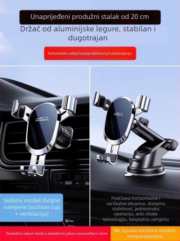 LCARS aluminijski univerzalni držač za auto s usisnom čašom, gravitacijskom podrškom i automatskim zaključavanjem za navigaciju