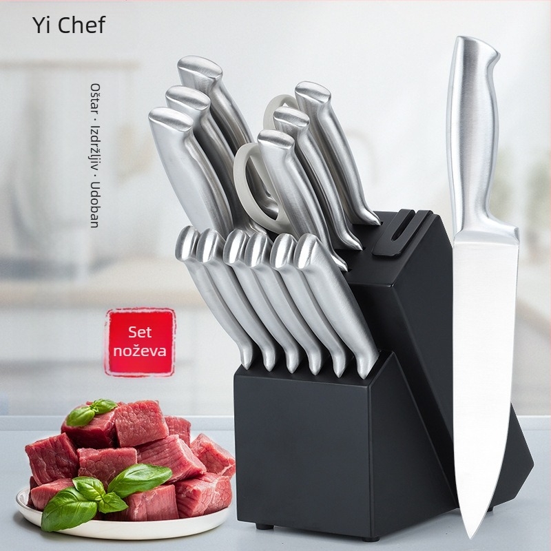 16-dijelni set kuhinjskih noževa od nehrđajućeg čelika s šupljom drškom, oštrice serije 3Cr, ugrađeni oštrač i držač od masivnog drva