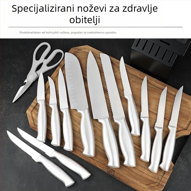 16-dijelni set kuhinjskih noževa od nehrđajućeg čelika s šupljom drškom, oštrice serije 3Cr, ugrađeni oštrač i držač od masivnog drva