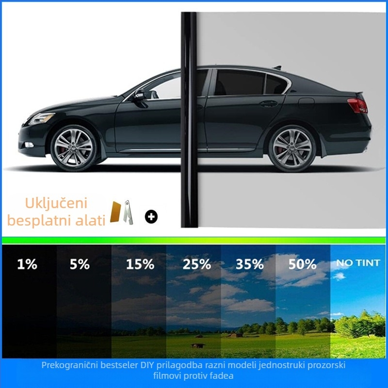 Automobilski prozorski solarni film, PET membrana, debljina 1 mil, izolacija 70–90%, UV zaštita 95%, odvojivo ljepilo