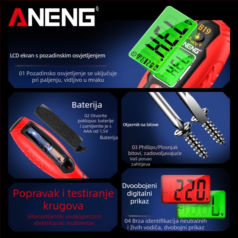 ANENG visoko precizan inteligentni mjerni alat s digitalnim zaslonom – višenamjenski tester za provjeru linija i mjerenje napona