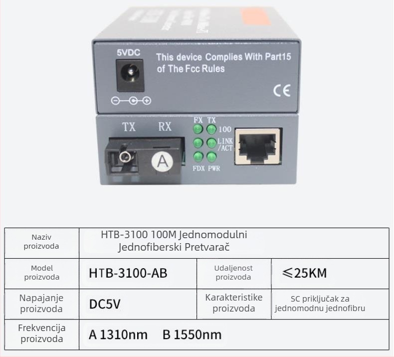 HTB-3100 Optički transceiver — 100 Mbps, Single-Mode, Single-Fiber, GS-03/SFP, 4100