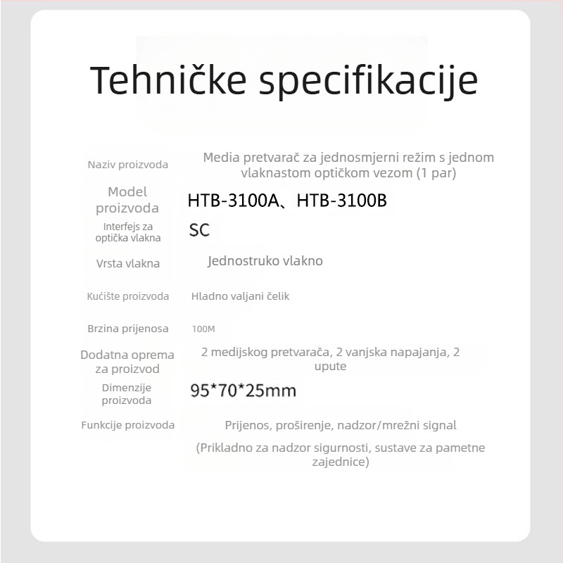 HTB-3100 Optički transceiver — 100 Mbps, Single-Mode, Single-Fiber, GS-03/SFP, 4100
