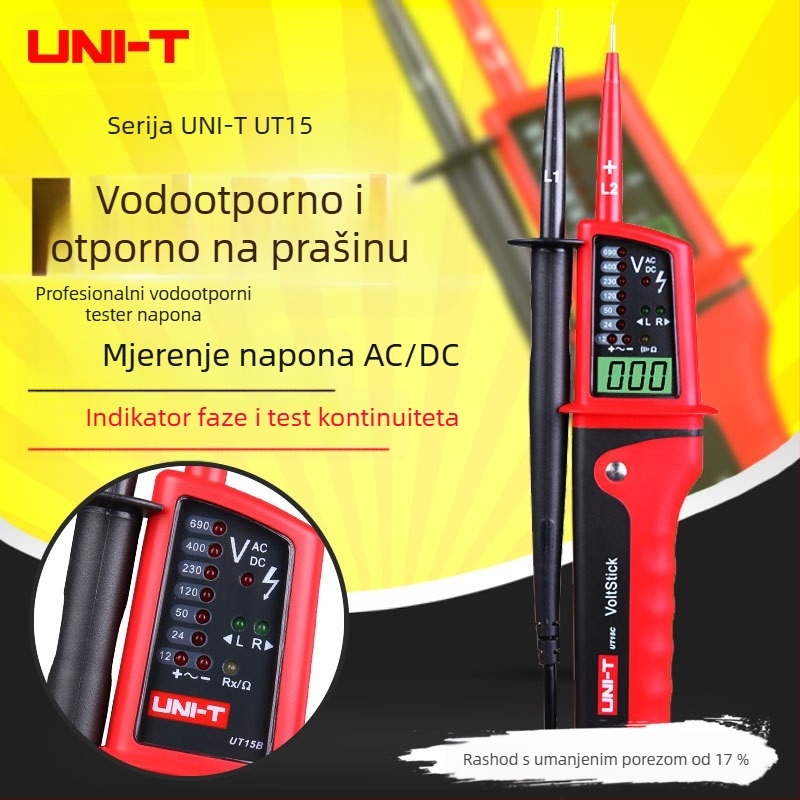 UT15B vodootporna električna test olovka – mjerenje AC/DC napona, trofazno AC mjerenje, indikacija faze, uključivanje/isključivanje