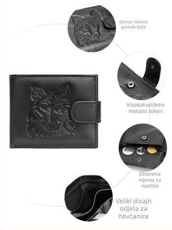 Muški novčanik od prave kože — kratki novčanik s pretincem za kartice, višefunkcionalan, gornji sloj kravlje kože, ulični stil