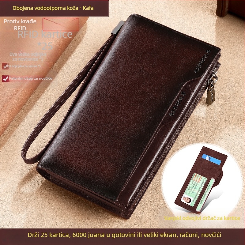 GERUOLA muški dugi kožni novčanik, anti-theft, prvi sloj teleće kože, podstava od poliestera
